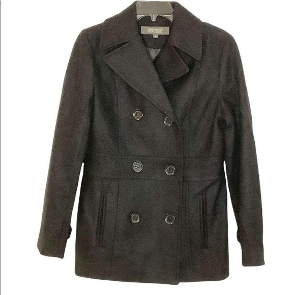 Kenneth Cole Reaction feminine double breast black wool coat size 8 EUC